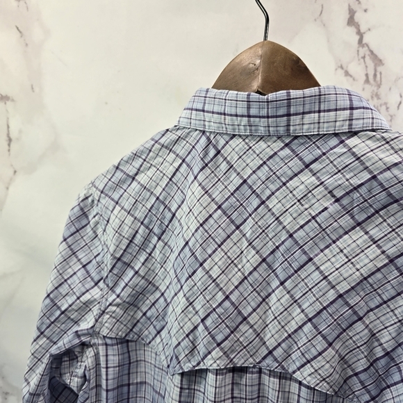 Simms Shirt Women Medium Purple Blue Button Up Long Plaid Vented Fishing Guide - Picture 6 of 10
